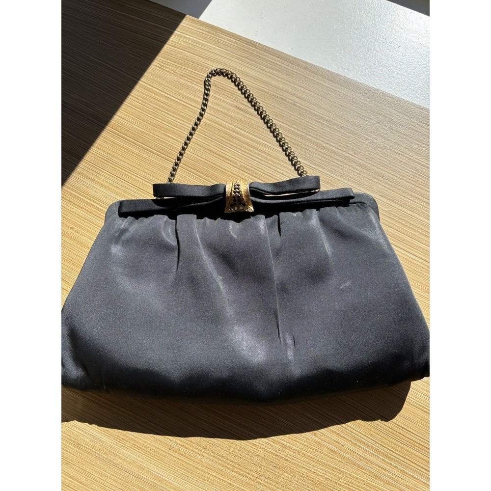 1950s Vintage After Five Black Clutch Bag Evening Bag With Bow Chain Strap USA